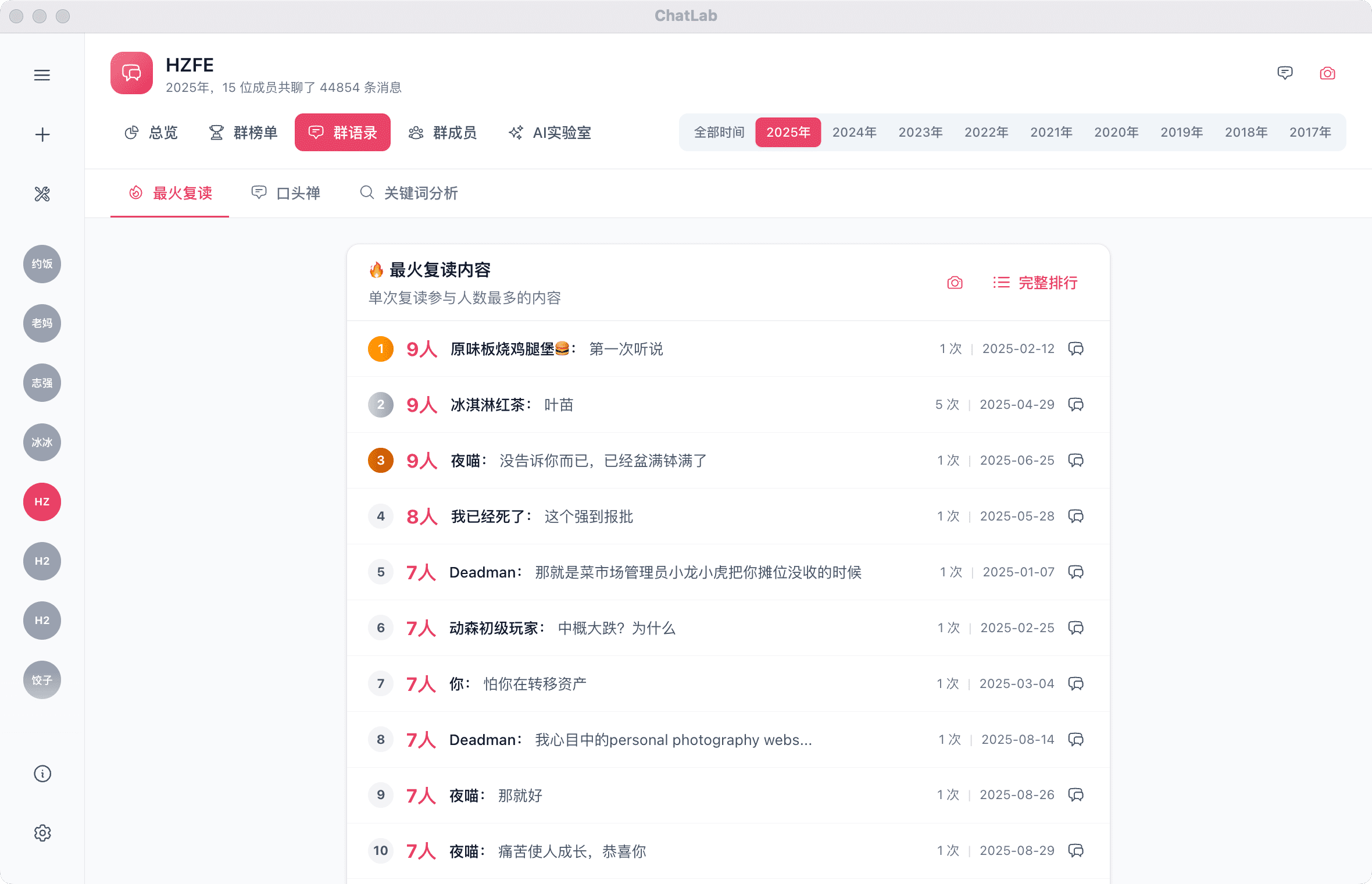 查看群聊最火复读,找到经典的群言群语。